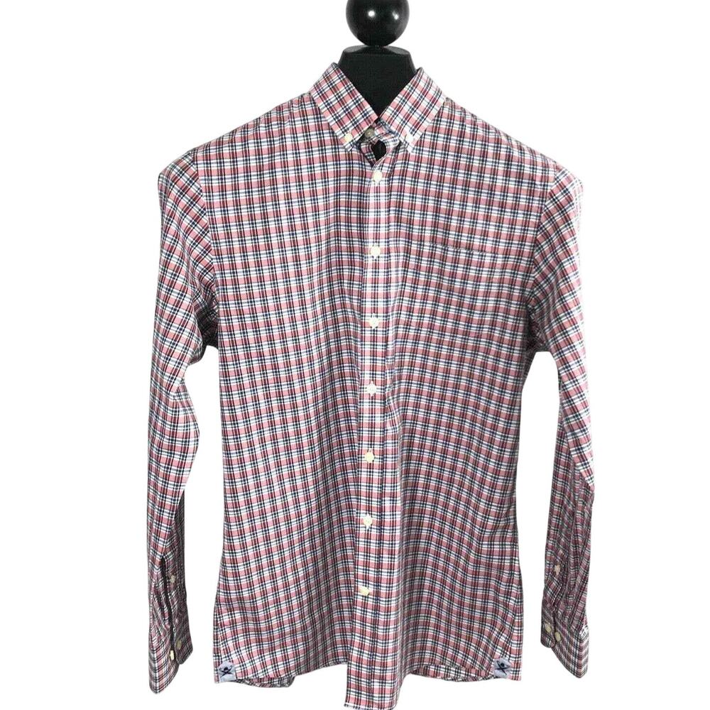 Hackett London Shirt Mens Small Classic Fit Red Blue Plaid Button Up Long Sleeve